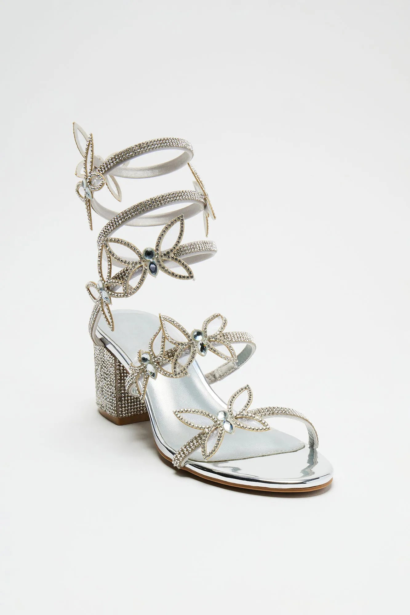 Julia Rhinestone Wrap Up Heels - Silver