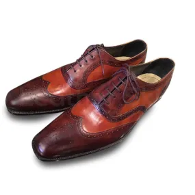Men Red Tan Two Tone Oxford Brogue Leather Shoes