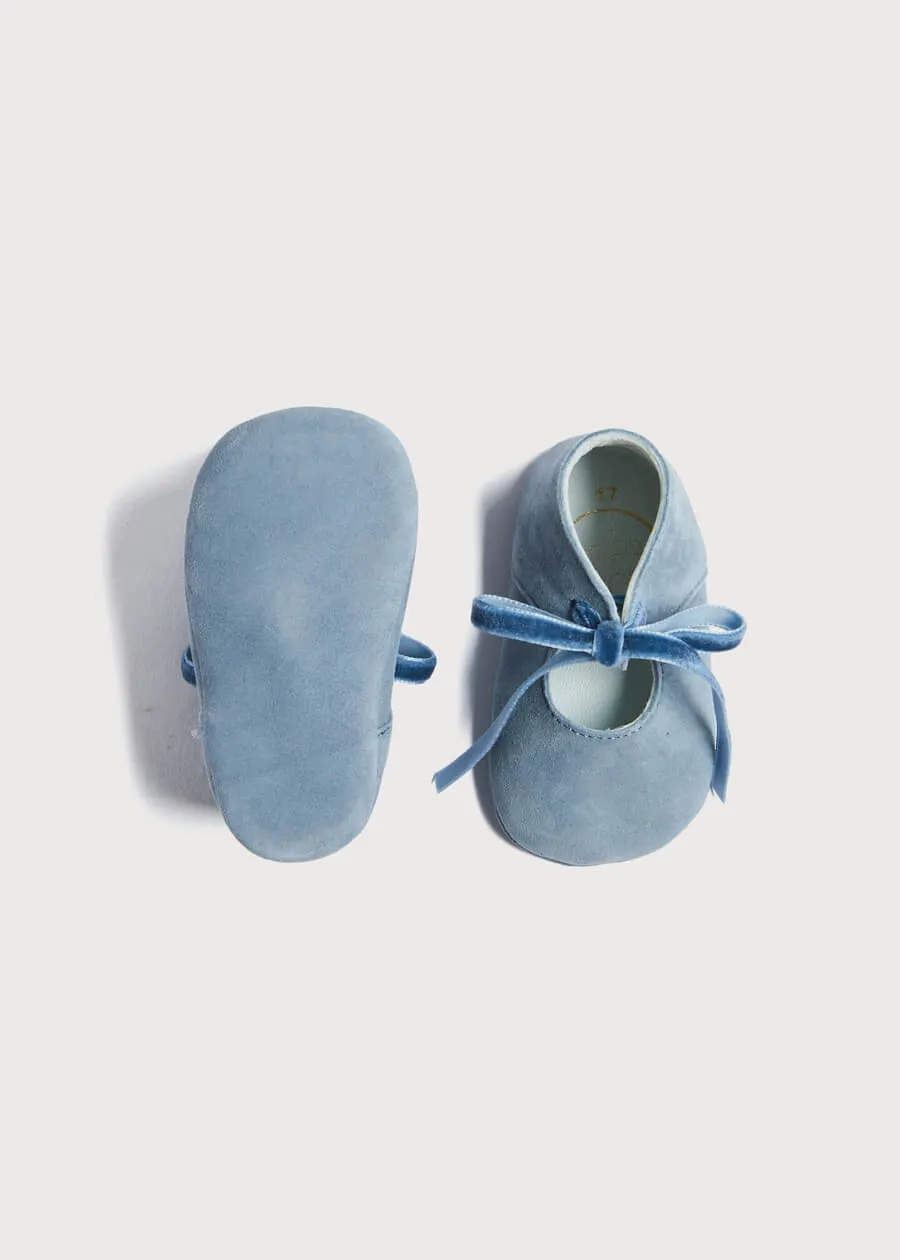 Suede Velvet Ribbon Pram Shoes in Blue (17-21 EU)